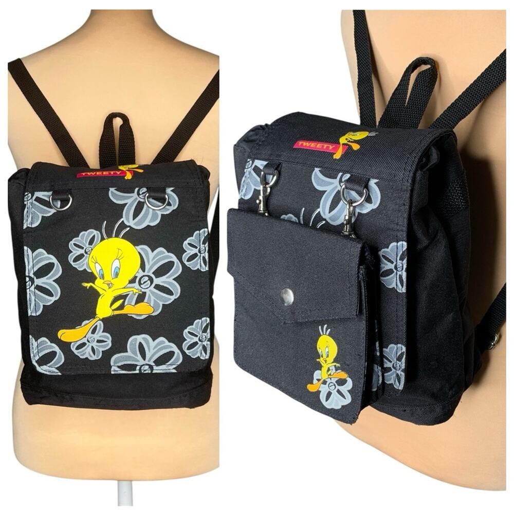 VTG 90s Looney Tunes Tweety Bird Canvas Backpack Detachable Pouch Flap Bag WB